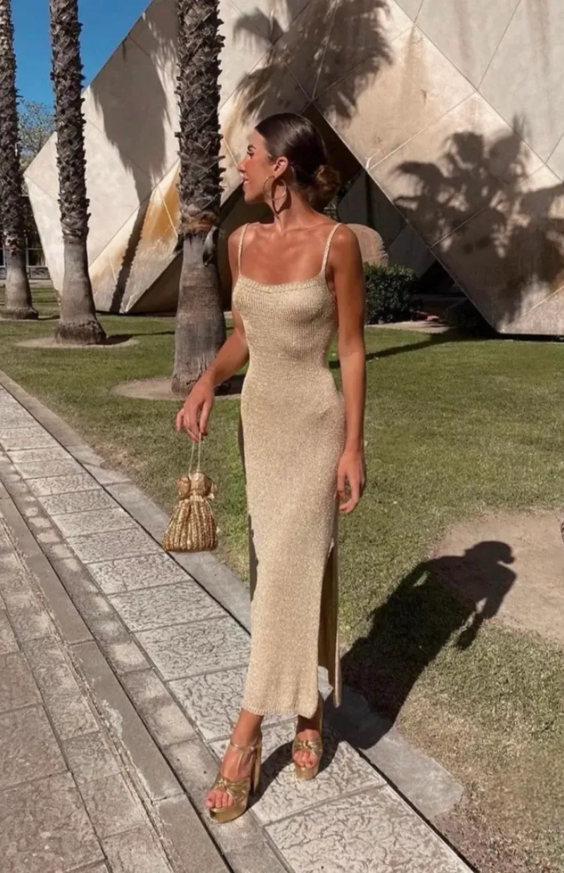 Quinn Gold knitted midi dress