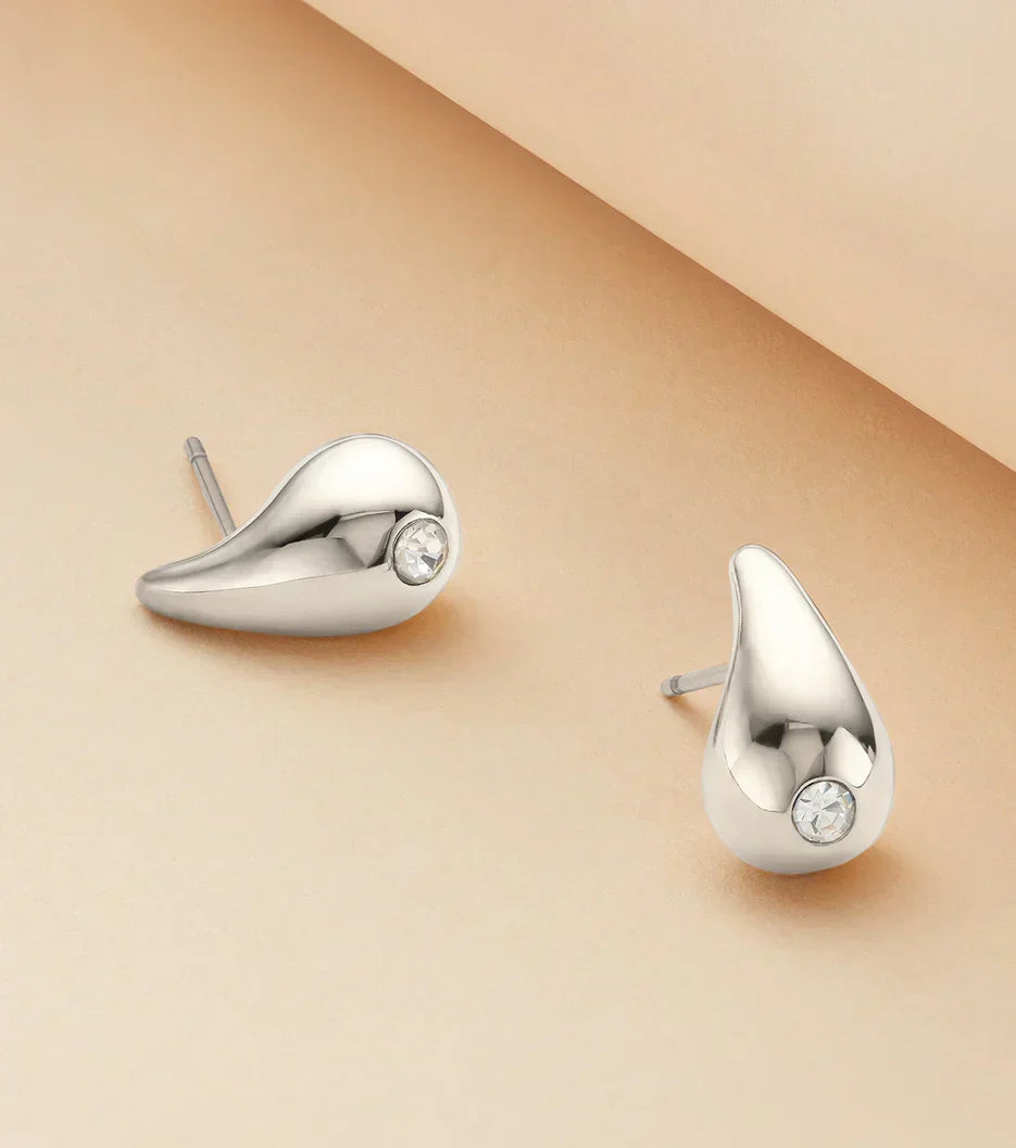 Crystal Teardrop Stud Earrings (Silver)