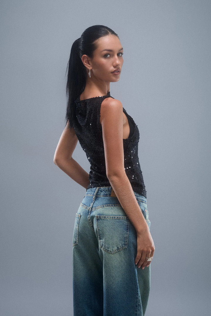 Eleanor Vest Top in Sequin Knit Black