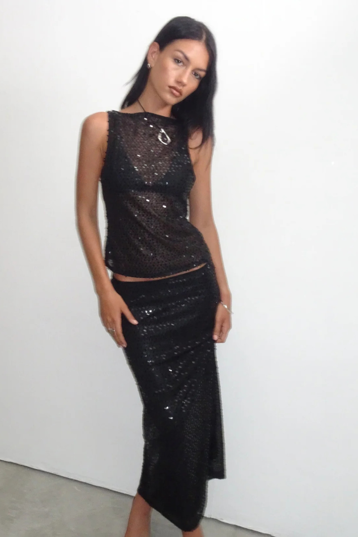 Eleanor Vest Top in Sequin Knit Black