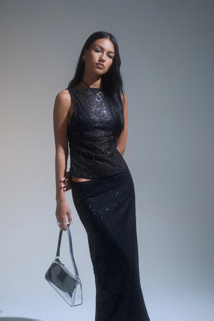 Eleanor Vest Top in Sequin Knit Black